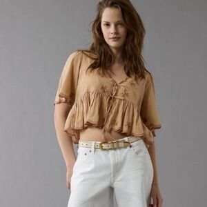 American Eagle Outfitters Tan Embroidered Blouse